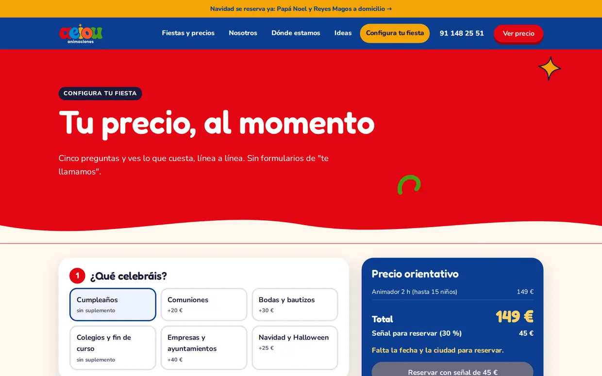 Configurador de fiesta con precio en la web de Aeiou