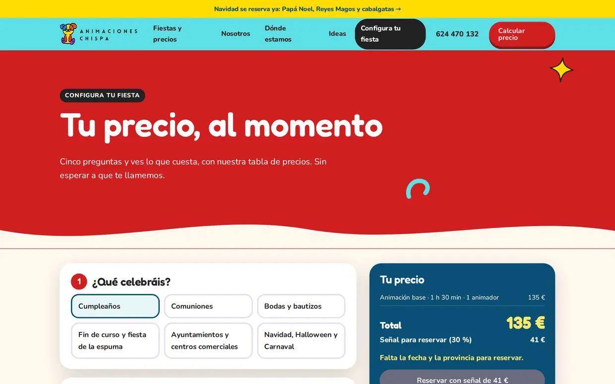 Configurador de fiesta con precio en la web de Chispa