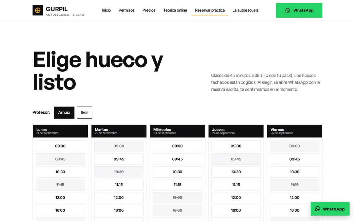 Reserva de clase práctica por calendario en la web de Gurpil