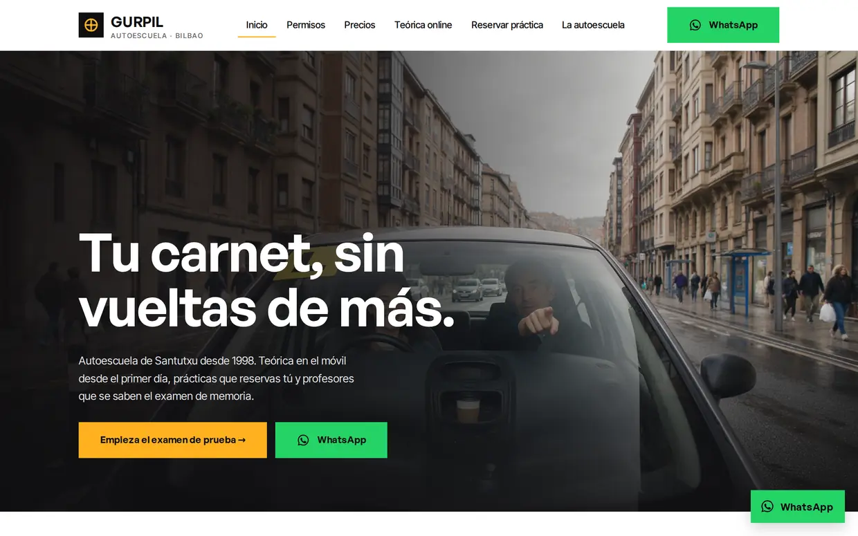 Portada de la web de Gurpil, autoescuela en Bilbao
