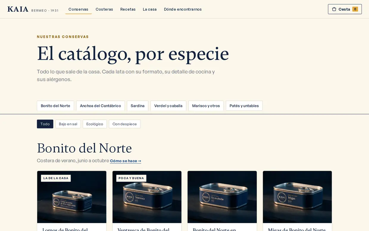 Catálogo de conservas de Kaia por especie