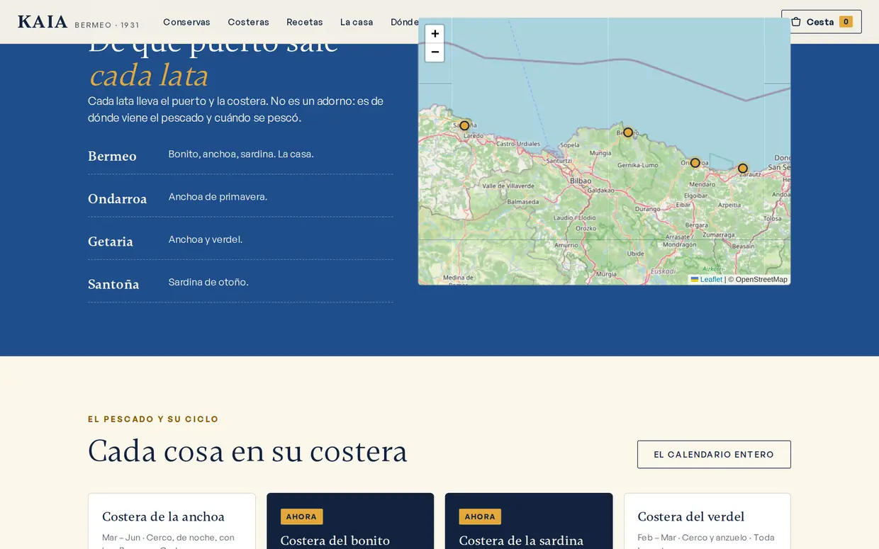Mapa de los puertos del Cantábrico en la web de Kaia