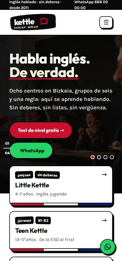 La web de Kettle English en el móvil