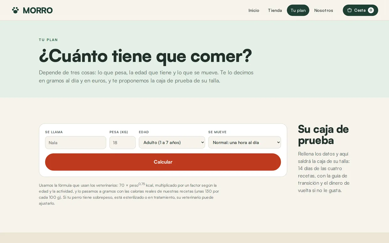 Calculadora del plan de Morro: peso, edad y actividad del perro