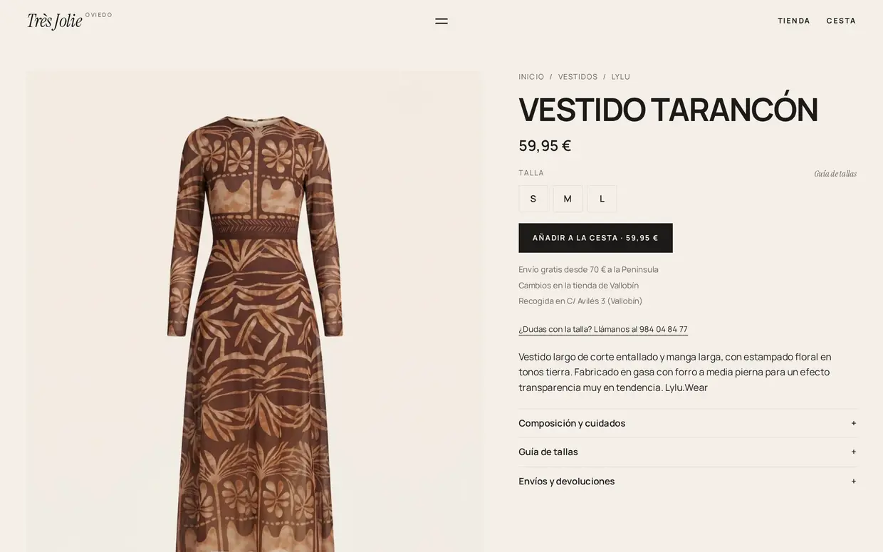 Ficha de producto con tallas en la web de Très Jolie