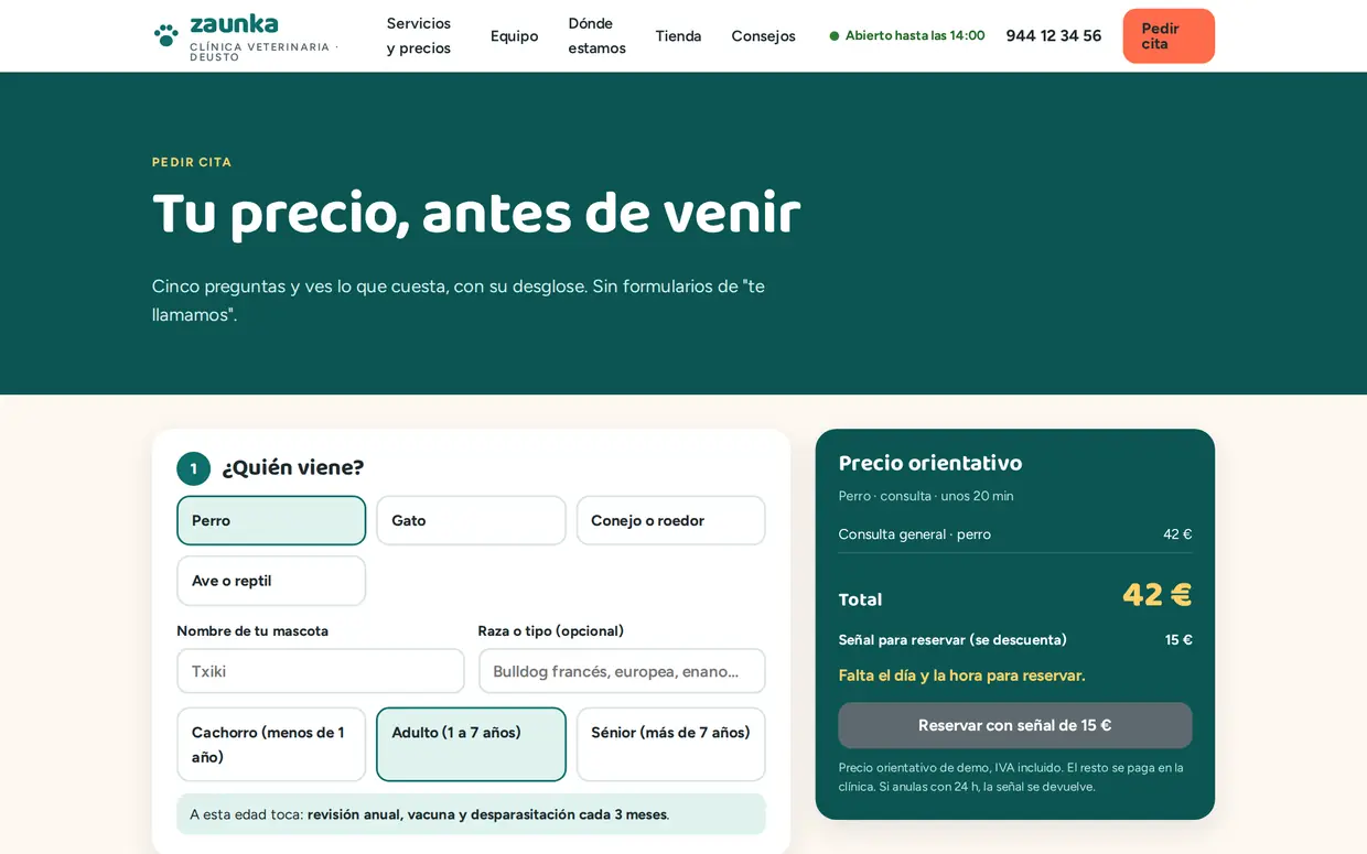 Cita con precio orientativo en la web de Zaunka
